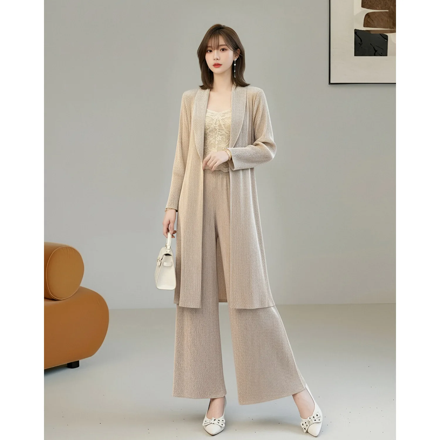 Miyake Women Oat Ribbed Knit Two Piece Set, Long Lapel Open Cardigan & High Waist Wide Leg Pants, Elegant Autumn Suit