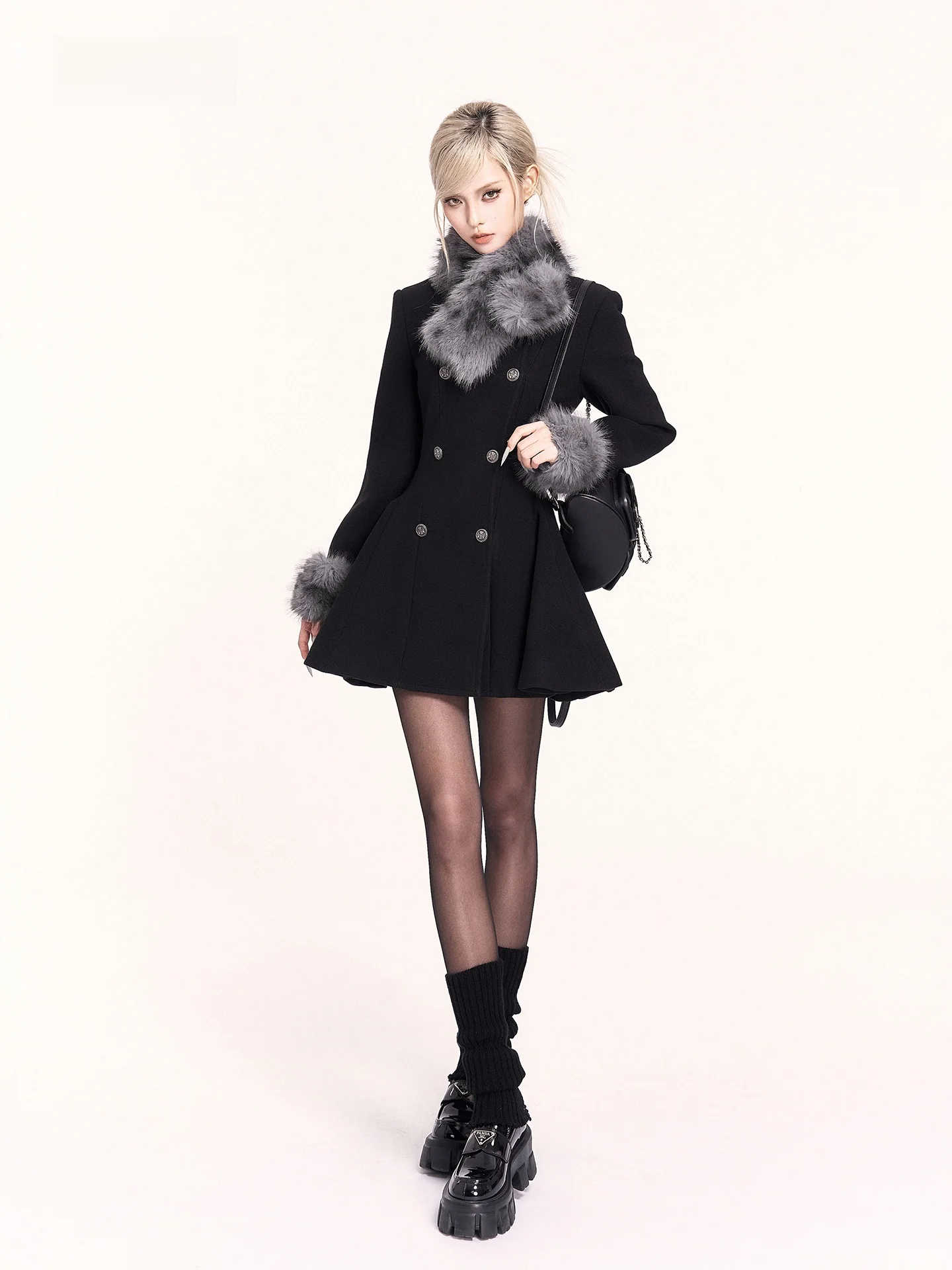 

VO Winter High Waist A-Line Dr Detachable Fur Collar Woolen Coat Ele Ladylike Gown for New Year Par And Street Sle