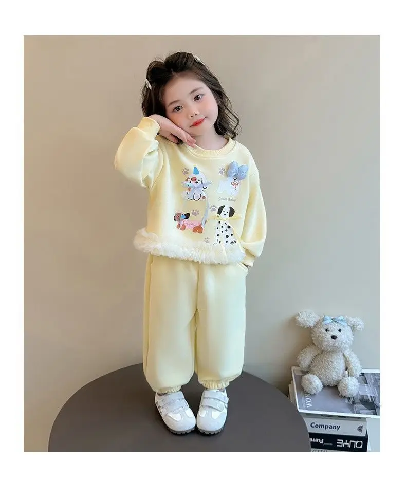 Neue Herbst-Babykleidungssets für Mädchen, niedliche Kinder-Sweatshirts mit Welpenmuster und Spitzenrüschen am Saum + Hosen, 2-teilige Freizeit-Outfits für Kinder, Prinzessinnen-Look – Detail 3
