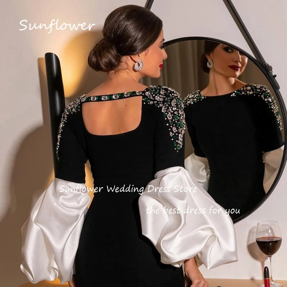 Sunflower Black O-Neck Beading Mermaid Formal Evening Dress Saudi Arabia 2024 Slim Crepe Side Slit Ankle-Length Prom Dress