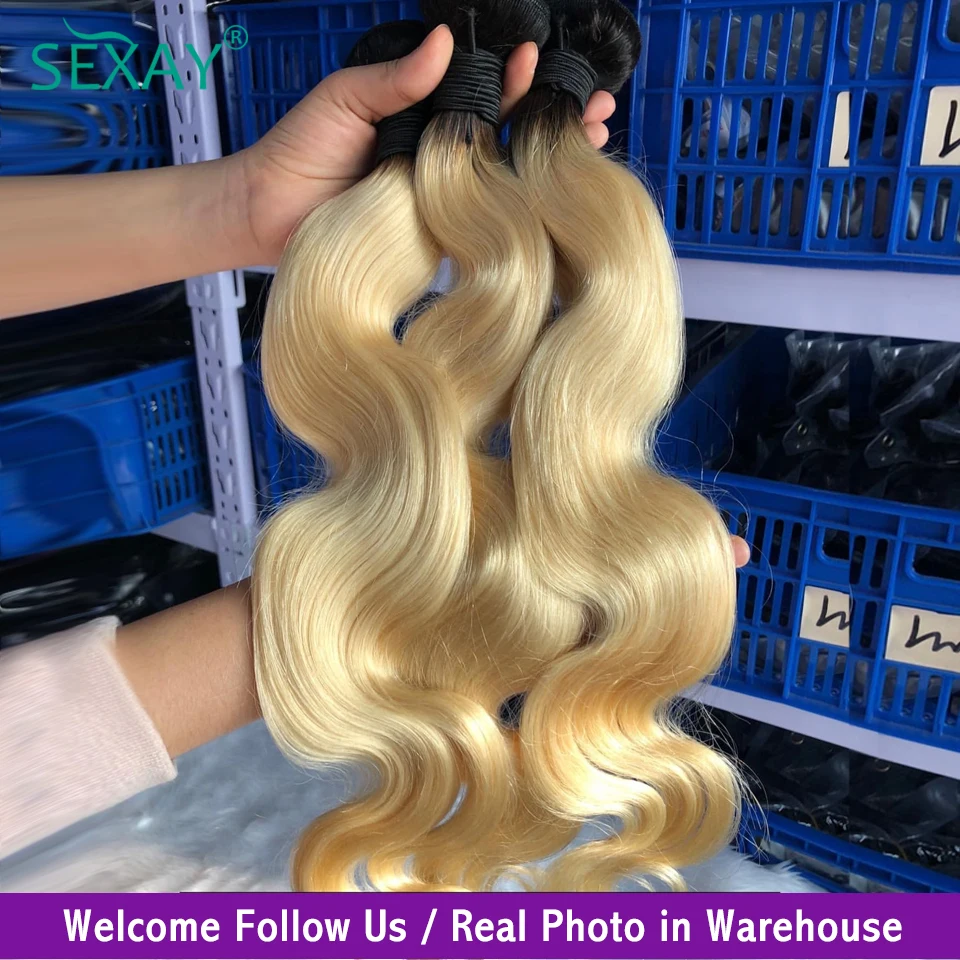 Brazilian Body Wave Human Hair Weave Bundles para mulheres negras, Ombre 613 Blonde, 2 Tone, 1B, #613, Blonde Color