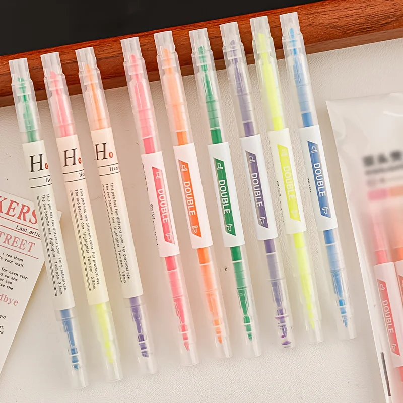 6 Double-Ended Highlighters in Different Colors and Thicknesses to Meet Various Needs, Suitable for Note-Taking, Office Work, Studying, and as a Stationery Gift