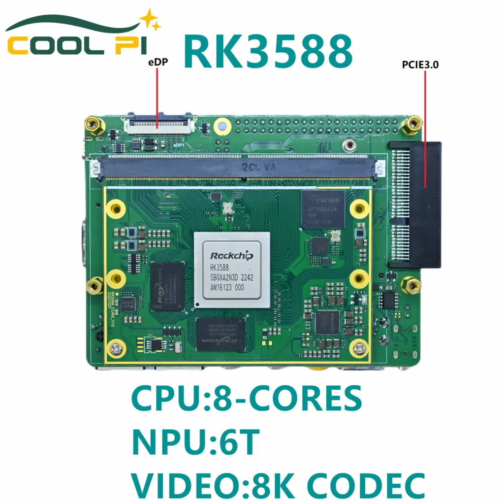 CoolPi CM5 RK3588 8G+64G Board with Cooling Fin;Open Source Code, CPU 8 cores, NPU 6.0 TOPs,GPU Mali-G610, 8K Video Codec