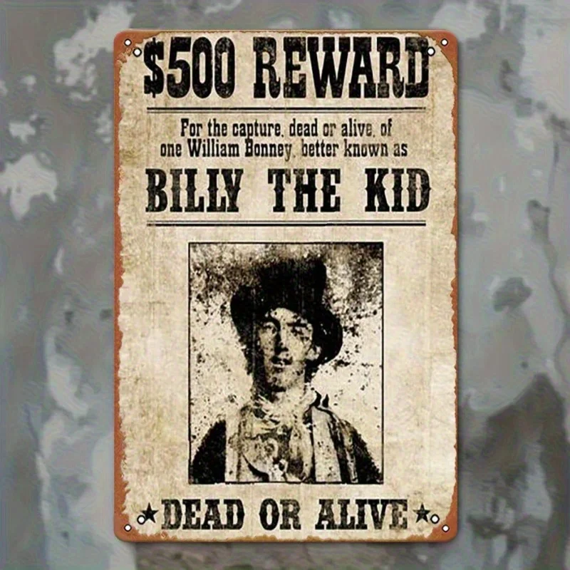 Metal Tin Sign   (30x20cm) - Billy The Kid Western Poster with $5000 Reward Wanted Poster Design, Rustic Iron Wall Decor for H