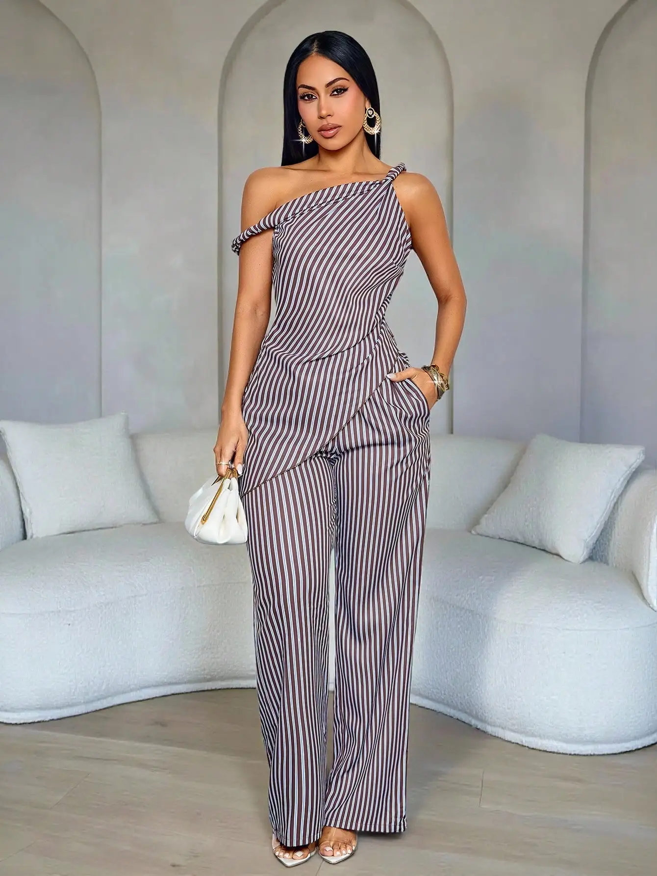 

Women's Chic Striped Asymmetrical Shoulder Twist Asymmetrical Hem Blouse & Wide Leg Pants With Pockets For Daily & Offi