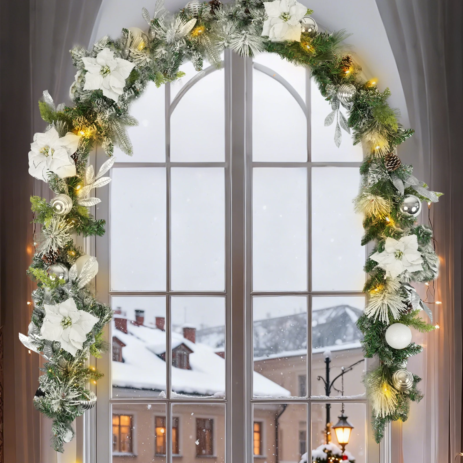 Lighted Christmas Garland for Mantle, Fireplace, Stairs, Garland for Front Door Pre-lit 9 Feet Winter White Silver Poinsettia Garland with 100 LED Lights, Timer Operated In/Out Door Decor - view 3