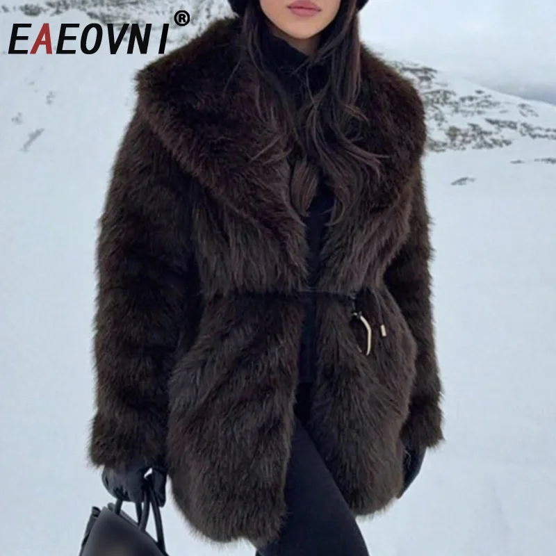 EAEOVNI خمر الشتاء الفراء سترة معطف المرأة موضة التلبيب حزام تجمع الخصر الملابس الدافئة الخريف الشتاء ملابس خارجية جديدة #1