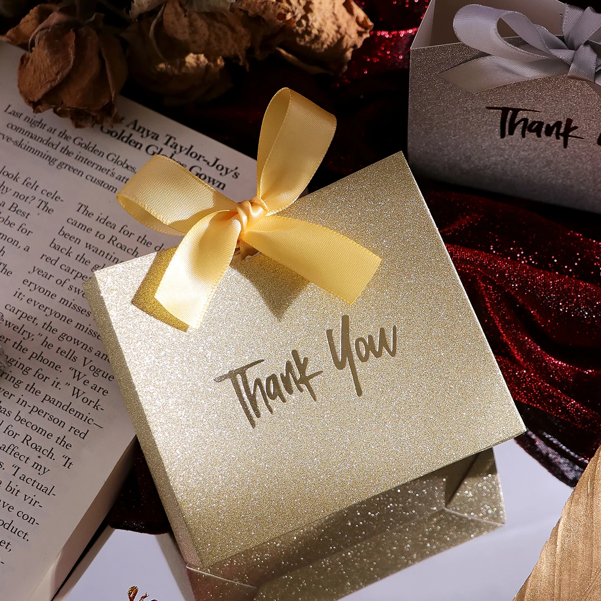 10 Pack Gold and Silver Glitter Thank You Gift Boxes with Ribbons, Mini Candy Boxes, Chocolates and Small Gifts, Glittering Gold