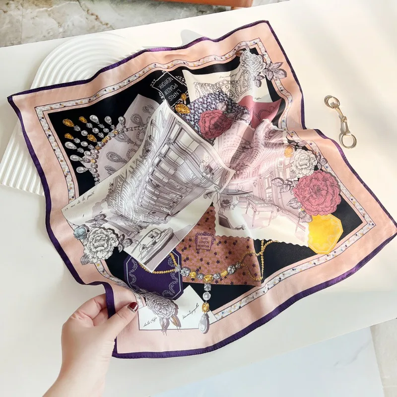 

Fashion Ladies 100% Mulberry Silk Scarf Soft Satin Fabric with Purple Border Print Scarf Multi Use for Head Neck and Bag