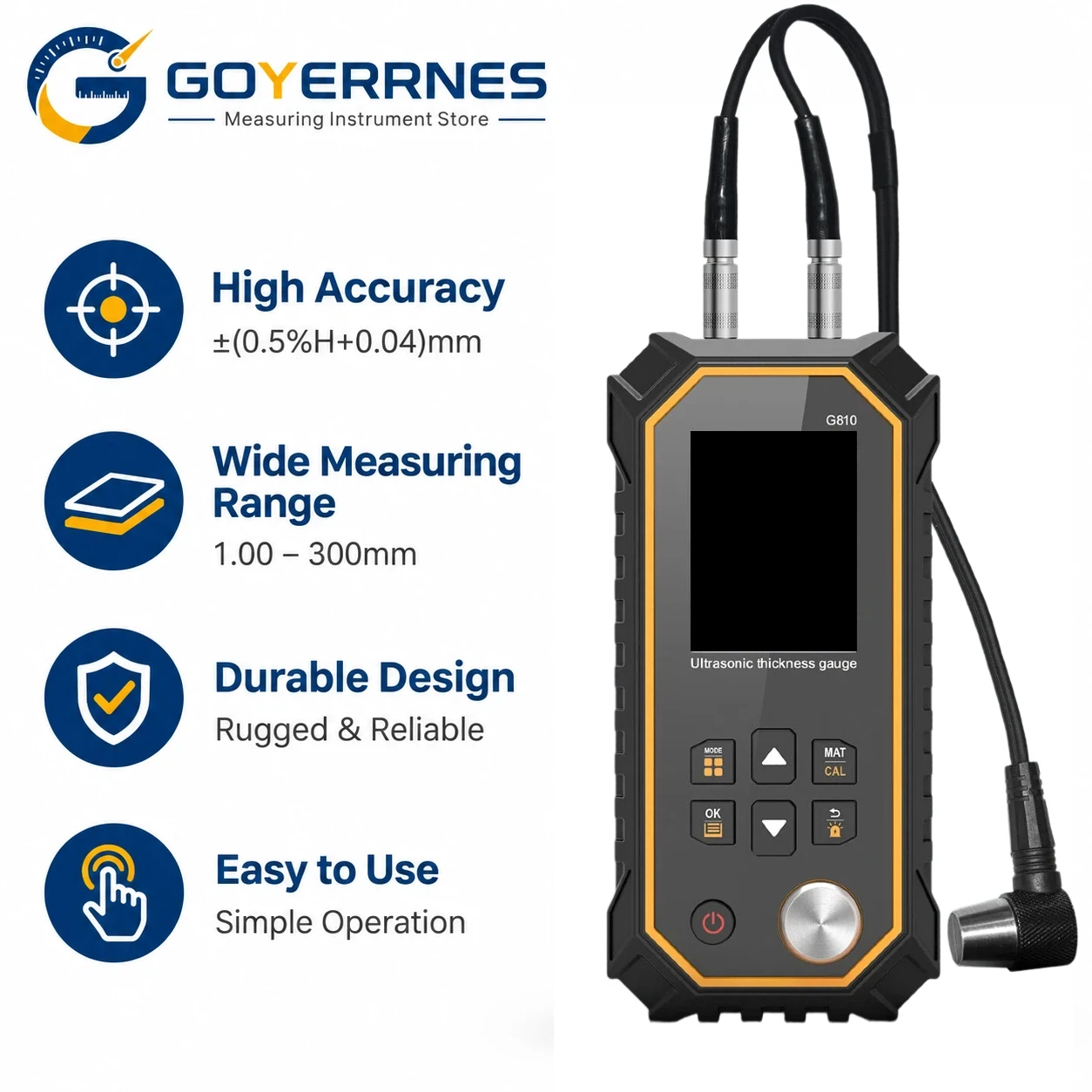 Ultrasonic Thickness Gauge Tester Meter 1-300mm 300 Data Storage Logger for Steel Pipe Aluminum Wall Thickness Measurement