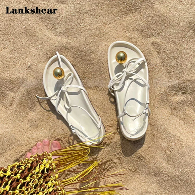 White Strappy Thick-Soled Thong Sandals Metal Ball Beach Roman Flat-Soled One-Word Buckle Shoes for Women Summer New Style