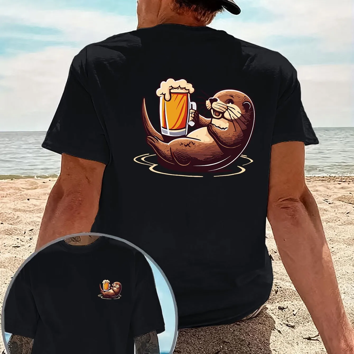 Cartoon Otter Holding Beer Print Men's Casual T-Shirt Double-Sided Print Cotton Summer Top