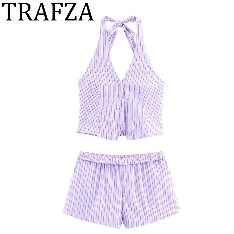 

TRAFZA Woman 2025 Shorts Set Striped Vest Top+Turn-Up Waist Mini Shorts Two Pieces Set Open Back Waistcoat New Suit Outfit