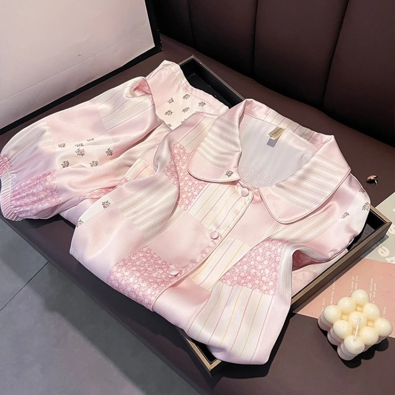 

Women's Long Sleeved Long Pants Mulberry Silk Pajamas Set Casual Lightweight Loungewear Autumn Winter Spring Summer Sweet XL