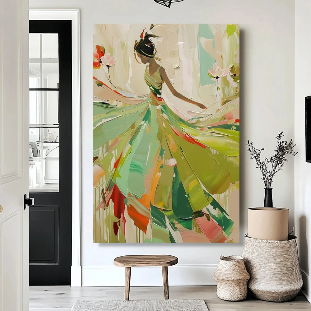 Green Woman Figure Painting,Green Textured Wall Art Abstract Figurative Canvas Art Colorful Dancing Girl Painting Neutral Home D