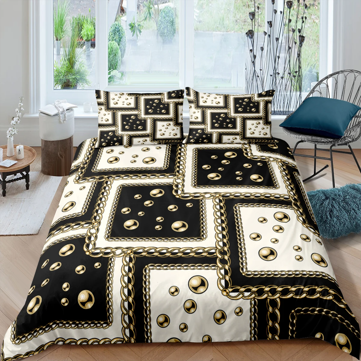 Home Textiles Luxury 3D Gold Chain Duvet Cover Set Pillowcase Rose Diamond Bedding Set Queen and King Size Comforter Bedding Set