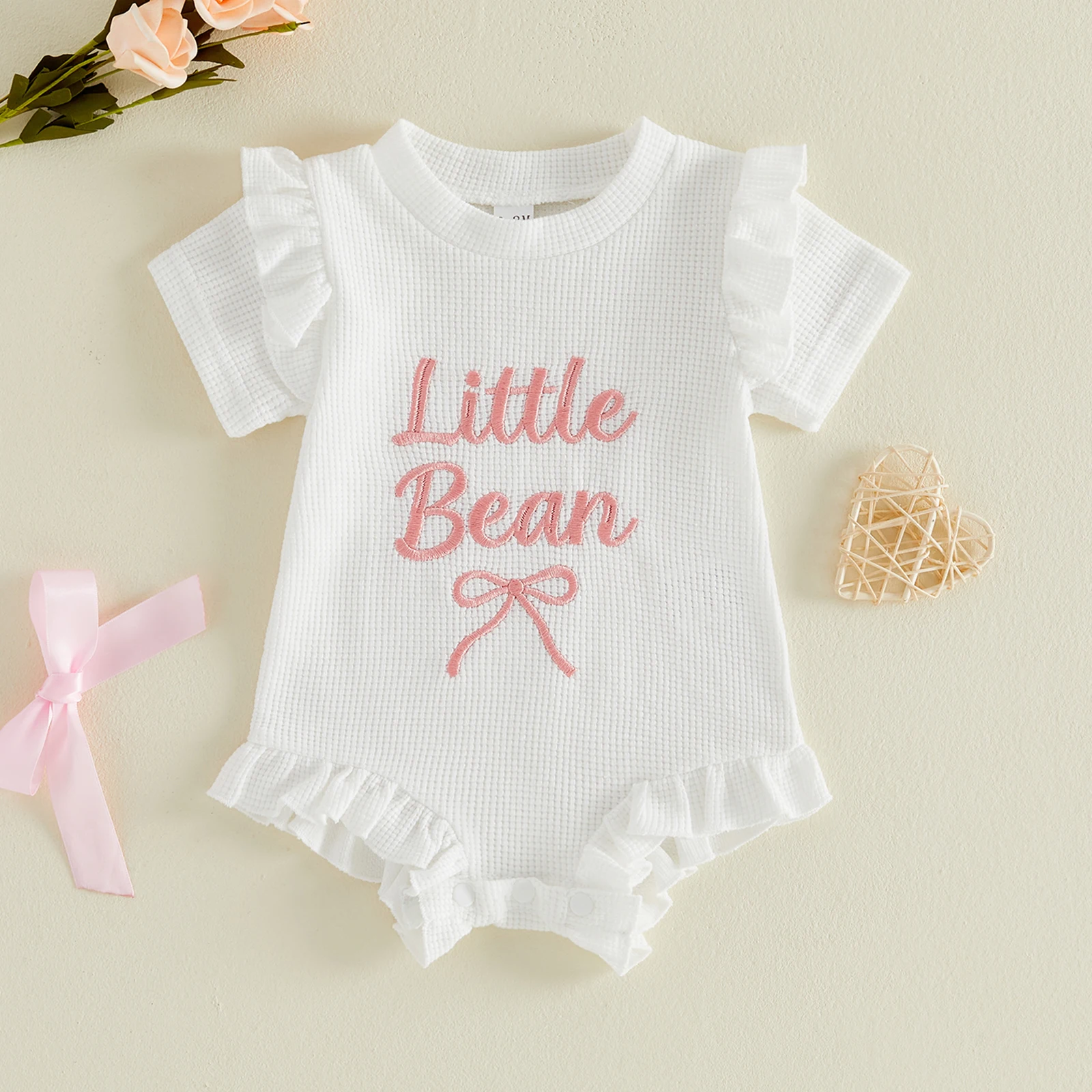 

Летний комбинезон VISgogo для маленьких девочек, повседневный комбинезон с вышивкой в ​​виде банта и рюшами, комбинезон с круглым вырезом и короткими рукавами