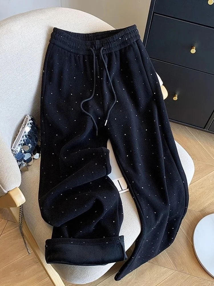 

Wide Leg Long Pants Women's Fce Lined High Waist Glittering Diamond Relaxing Feel Mountain Brand Winter Faion