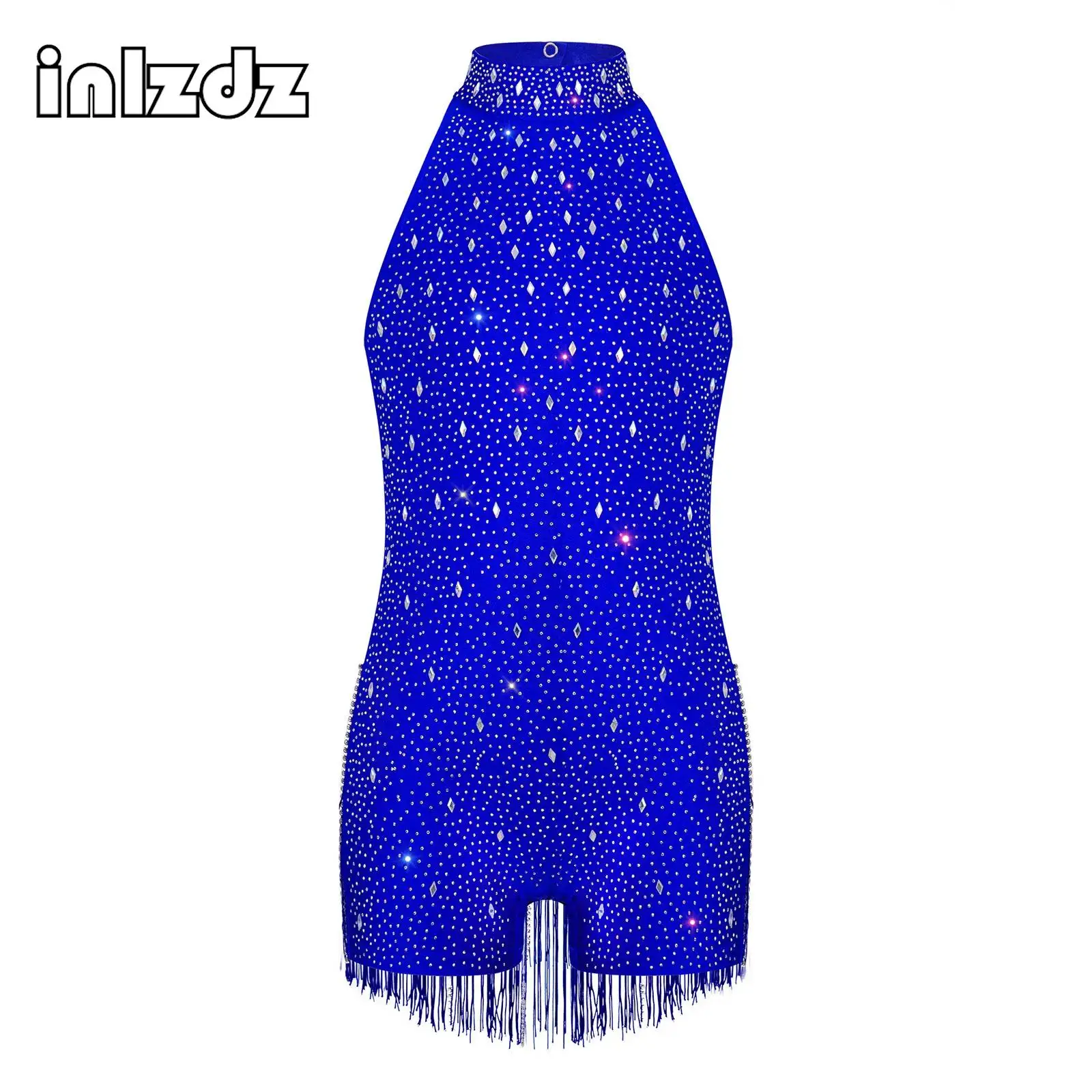 

Kids Girl Jazz Latin Ballet Dance Fringed Jumpsuit Halter Sleeveless Shiny Rhinestones Bodysuit Gymnastics Skating Dance Clothes