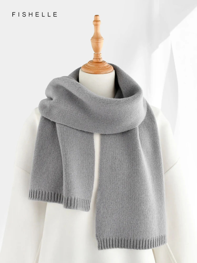 New Solid Grey Pure Wool Scarf For Men\'s Winter Thickened Warmth Women Knitted Wool Short Scarves Adults Luxury Gifts