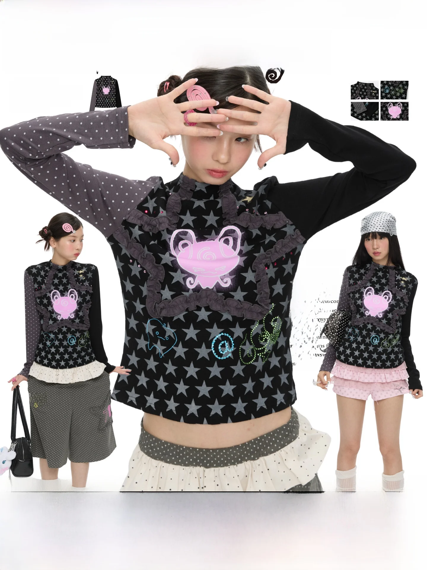 

BENAND Cool Star Embroidery Angel Rabbit Patchwork Long Sve T-irt Slim Fit Bla Top Commute Sle Creative Pattern