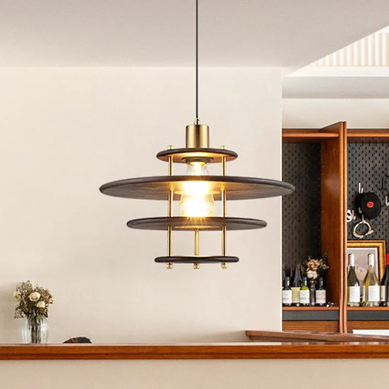 

Vintage solid wood restaurant pendant light LED retro living room homestay light bar counter study lighting fixtures