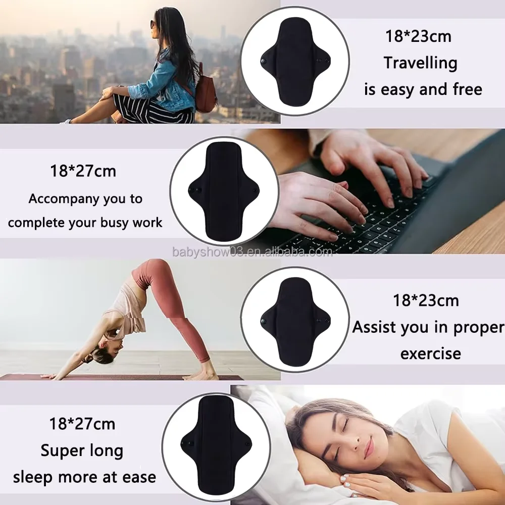 5Pcs Black Reusable Washable Sanitary Pads Set 4‑Layer Pure Cotton Super Absorbent Menstrual Pads For Women Incontinence Care