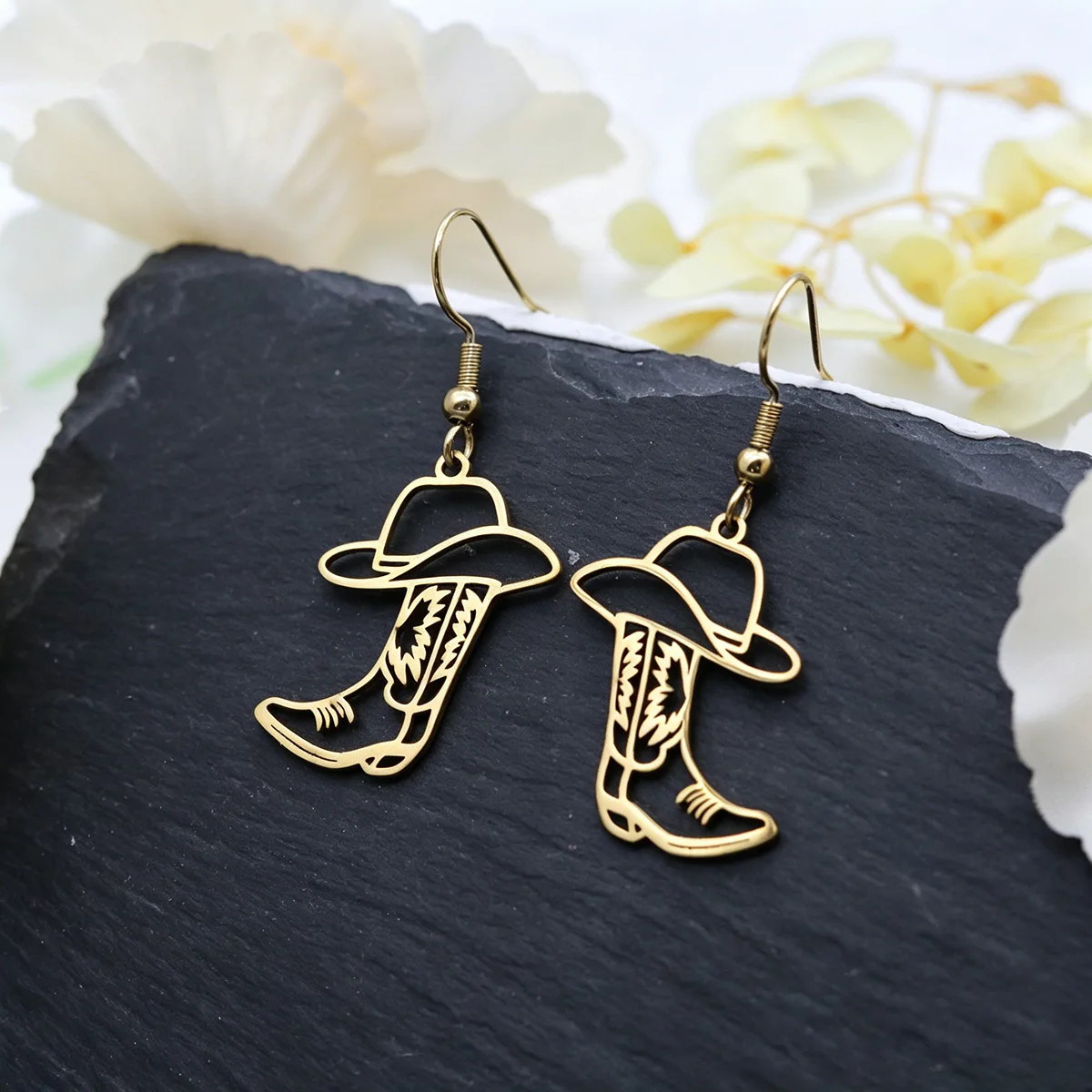 QIAMNI Western Cowboy Hat Boot Dangle Earrings Stainless Steel Cowgirl Pendant Drop Earring Gifts Piercing Jewelry for Women Men