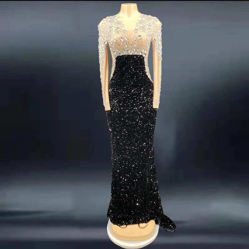 

Rhinestone Sexy Black Sequins Women Birthday Wedding Prom Outfit Bar Evening Dancer Dress