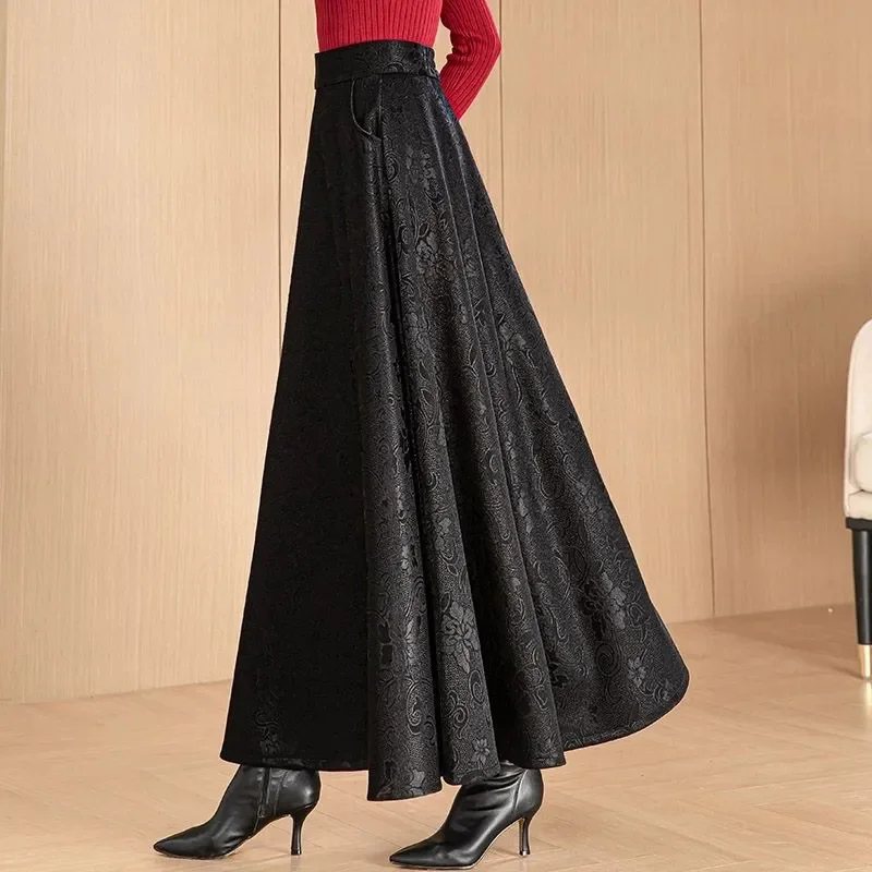 Autumn Femme Solid Color Casual Jacquard Skirt Spring Women Fashion Large Size 4XL Long Skirts Korean Lady High Waist Maxi Skirt
