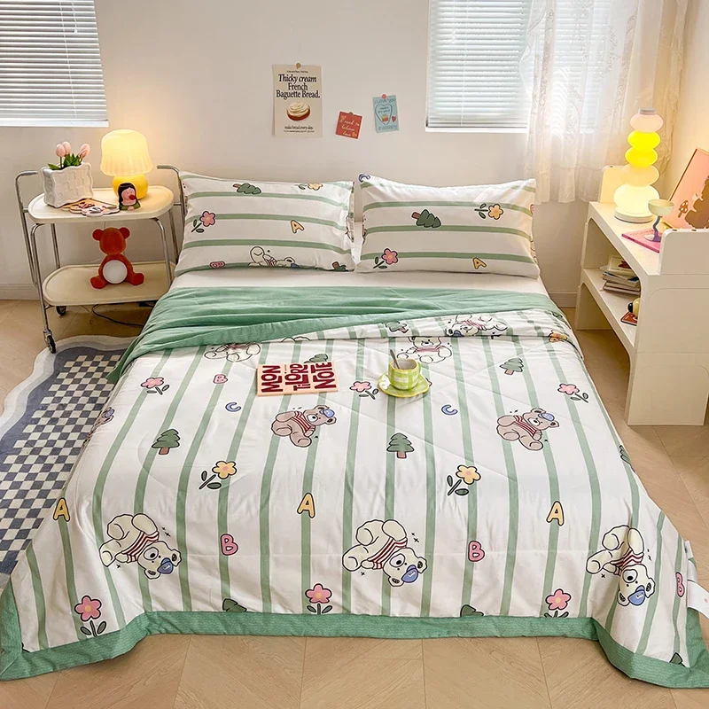 Cartoon Teddy Bear Summer Quilt 100% Cotton Air Conditioning Thin Comforter Skin-friendly Soft Thin Blanket for Kids Boys Girls