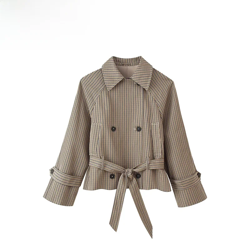 Autumnal Plaid Straight Cut Belted Women's Jacket Versatile Fashionable Windproof Polyester Long Sleeve Standard Fit Coat