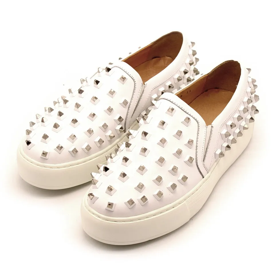 JINIWU 2026 Handmade Tower Shape Studs White Loafers for Men, Eco-friendly Ultra Light Thick Sole Slip On Casual Shoes