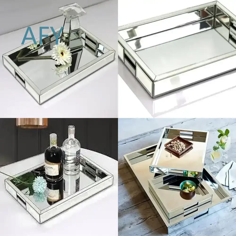 Silver Glass Tray for Desktop Storage Decoration Mirror Plate Home Office Organizer Desk Accessory Decorative Serving Tray