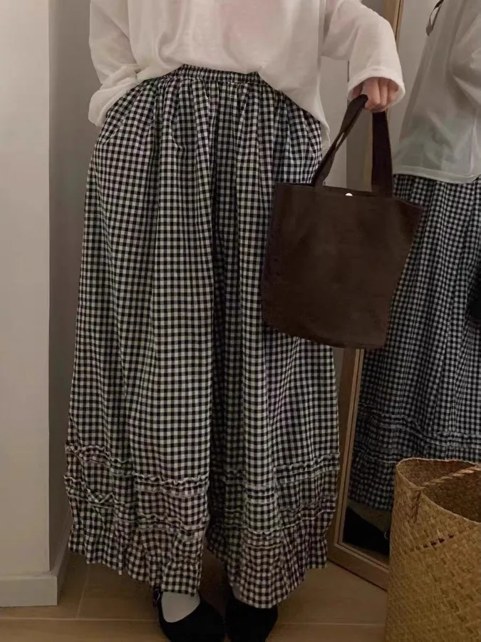 

Осенние широкие брюки, юбка, брюки-фонарики с девятью точками, женские брюки больших размеров с эластичной резинкой на талии, кружевные клетчатые брюки