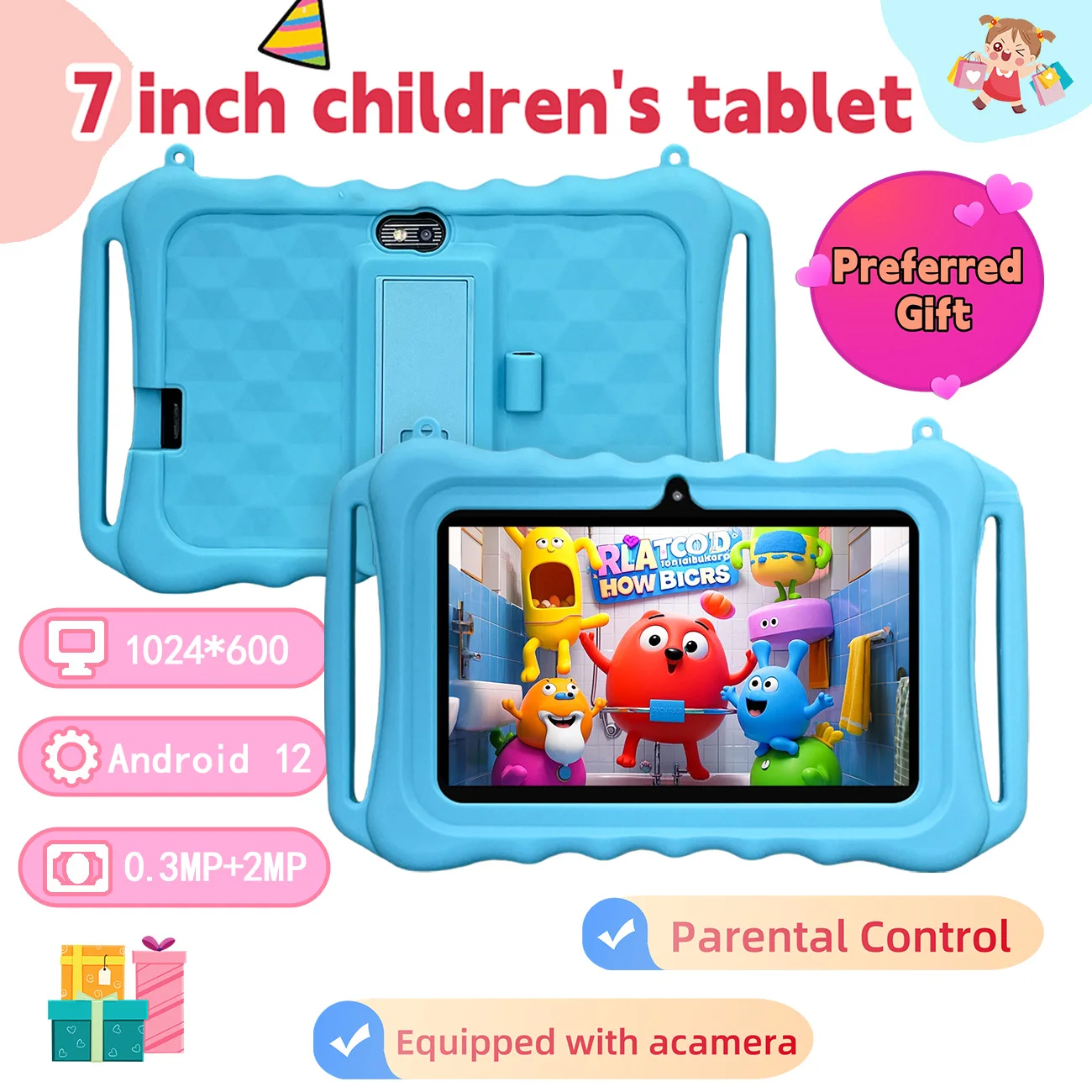 Tablet infantil de 7 polegadas, tablet infantil com controle de pais, câmeras duplas, presentes infantis para o Natal e aniversário