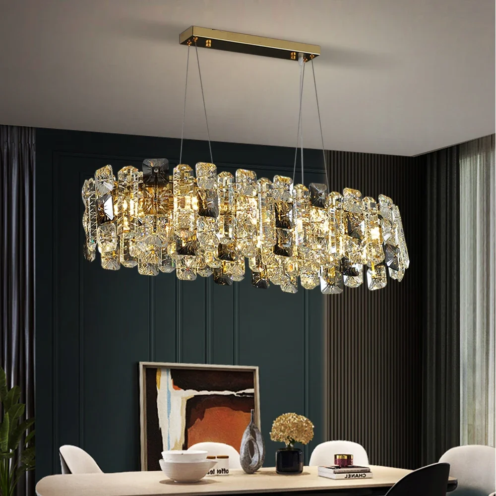 

Luxury Crystal Chandelier Dining Room Oval Hanging Lamp Modern Gold Home Decor Kitchen Island Lustre LED Creative Light Fixture