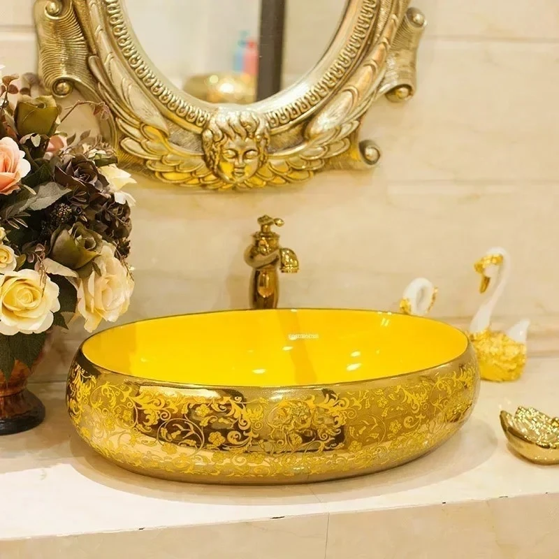 Modern Home Bathroom Washbasins Creative Oval Bathroom Sinks Above Counter Basin Sink for Kitchen Gold Bathroom Washing Basin M