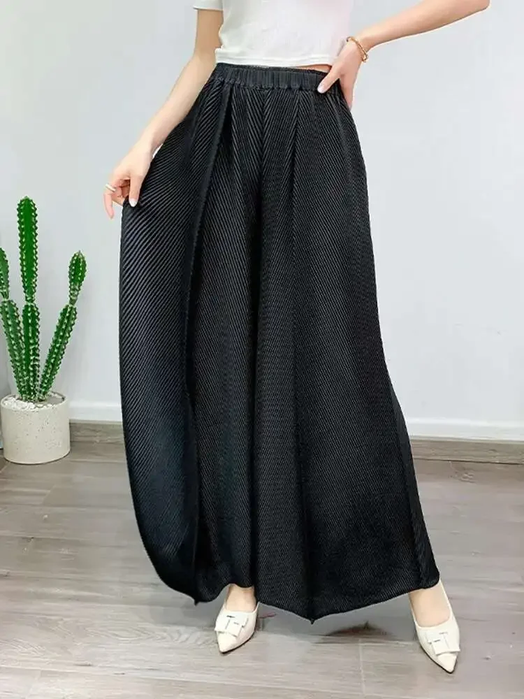 موضة عادية مطوي بنطال ذو قصة أرجل واسعة المرأة عالية مرونة الخصر مصمم موضة بنطلون المرأة مياكي 2025 صيف جديد