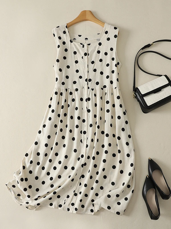 Bohemian Polka Dot Maxi Dress Women's plus Size Sleeveless Fashionable Youthful High Waist A-Line Gown Vintage Style Printed