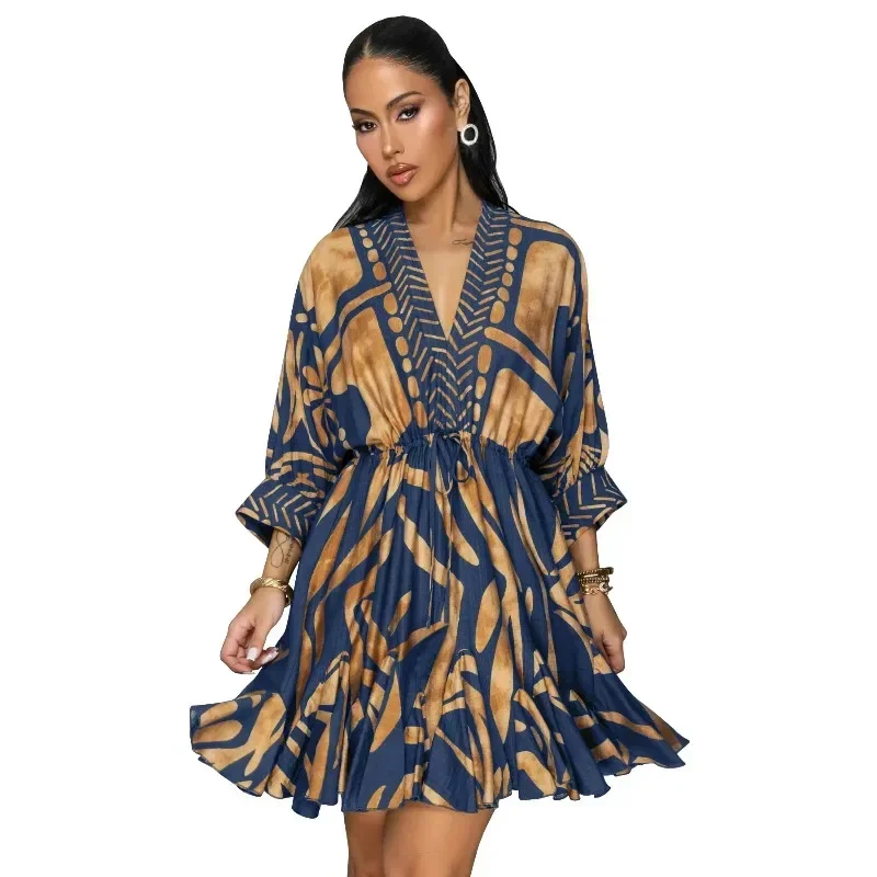 Gaun Afrika untuk Wanita Fashion Dashiki Lipit 2025 Musim Panas Musim Gugur Jubah Kerah V Lengan Panjang Gaun Midi Pesta Afrika Elegan