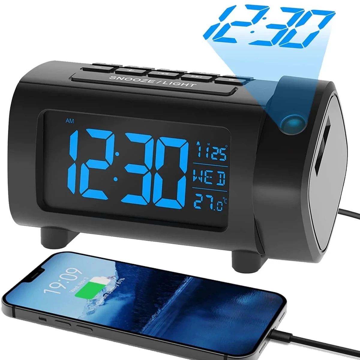 Upgrade Digital Projection Alarm Clock with Radio 4-Level Dimming Rechargeable Bedroom Projection Alarm Clock Desktop Mute Clock