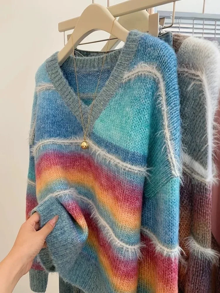 Rainbow Gradient Print Knitted Sweater For Women Autumn Winter 2025 New Fashion Korean Casual Loose Pullover Long Sleeve Jumper