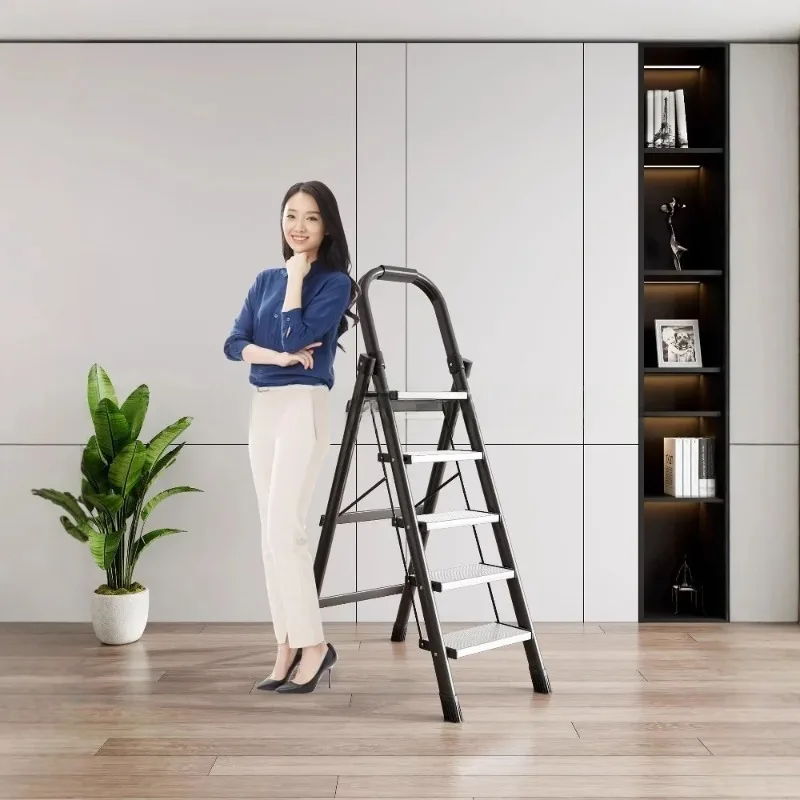 New thickened steel folding ladder, aluminum alloy anti slip pedal, household zigzag ladder, portable folding handrail ladder