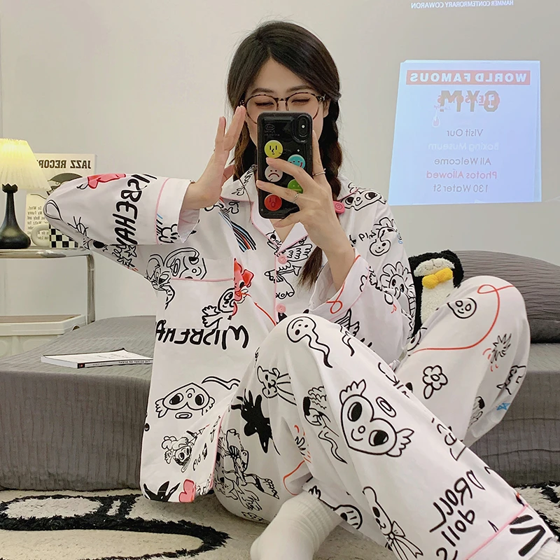 Milk Fiber Two Piece Set Female Pajamas Spring Fall New Long Sleeve Pants Casual Housewear 2024 New Print Women Sleep Clothing