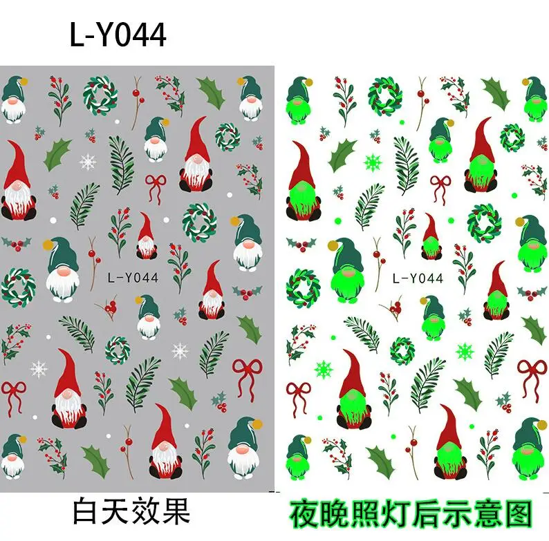 1개 야광 컬러풀 라이트 크리스마스 네일 스티커 발광 접착제 산타클로스 네일 데칼 DIY 매니큐어 장식