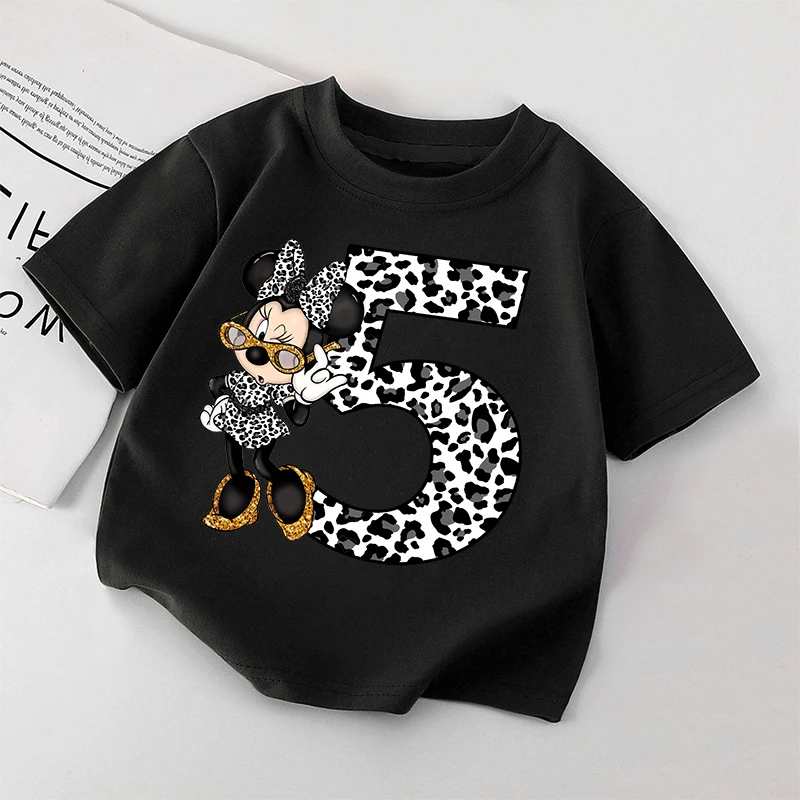 Minnie Mouse Disney Girls Boys Black T-shirt Children Birthday Number Top Short Sleeve Tee Cartoon Anime Cute Kids Clothes Gifts