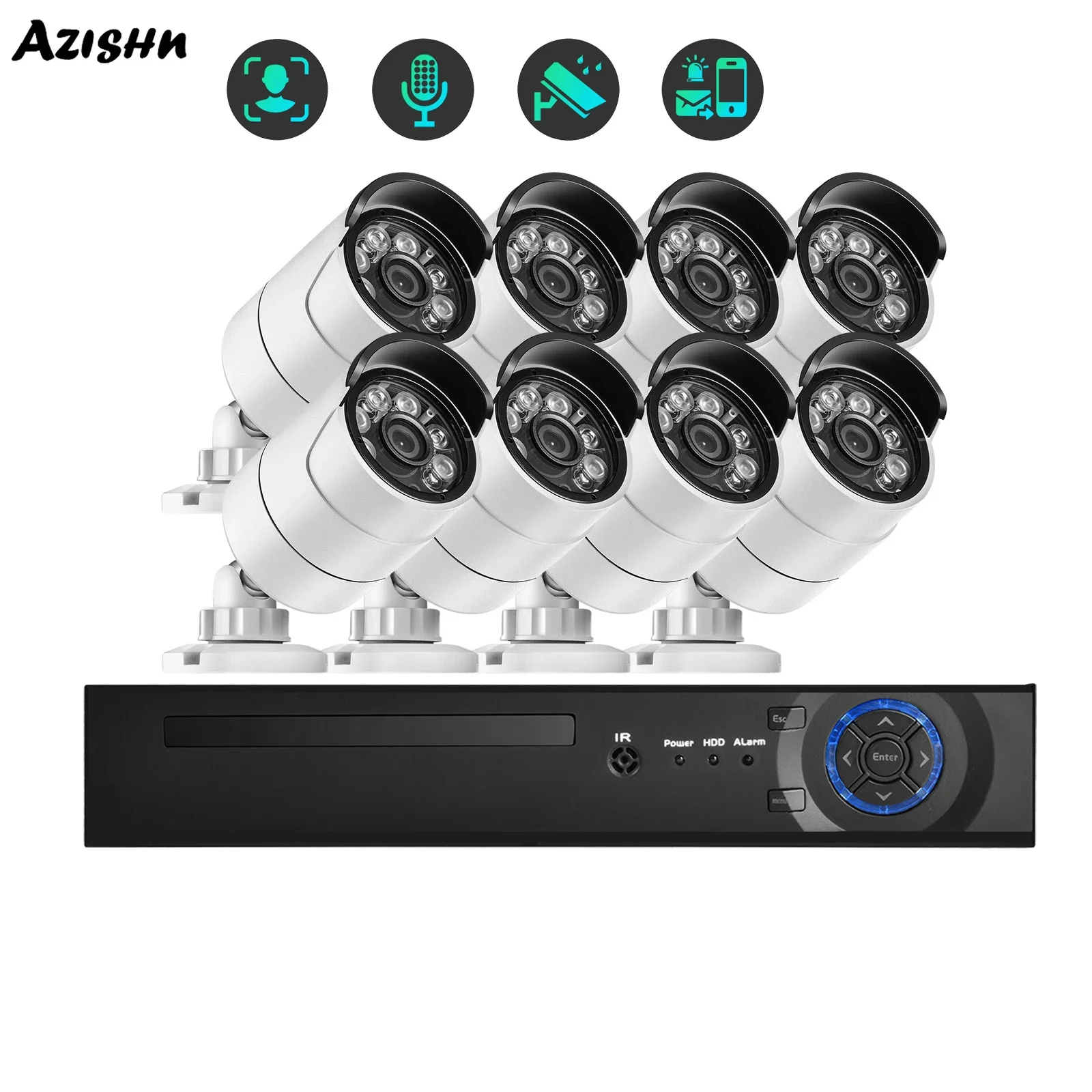 AZISHN 8MP HD 4K Security Camera System 8CH H.265 NVR Kit 2/4/6/8pcs Face Detect Outdoor Audio IP Camera CCTV Surveillance Set