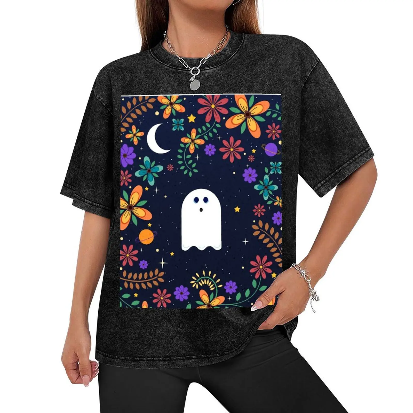 Spoopy Cute Ghost. Halloween Decor. Cute Ghost Dia De Los Muertos. Orange All Hallows Eve Floral Illustration. T-Shirt