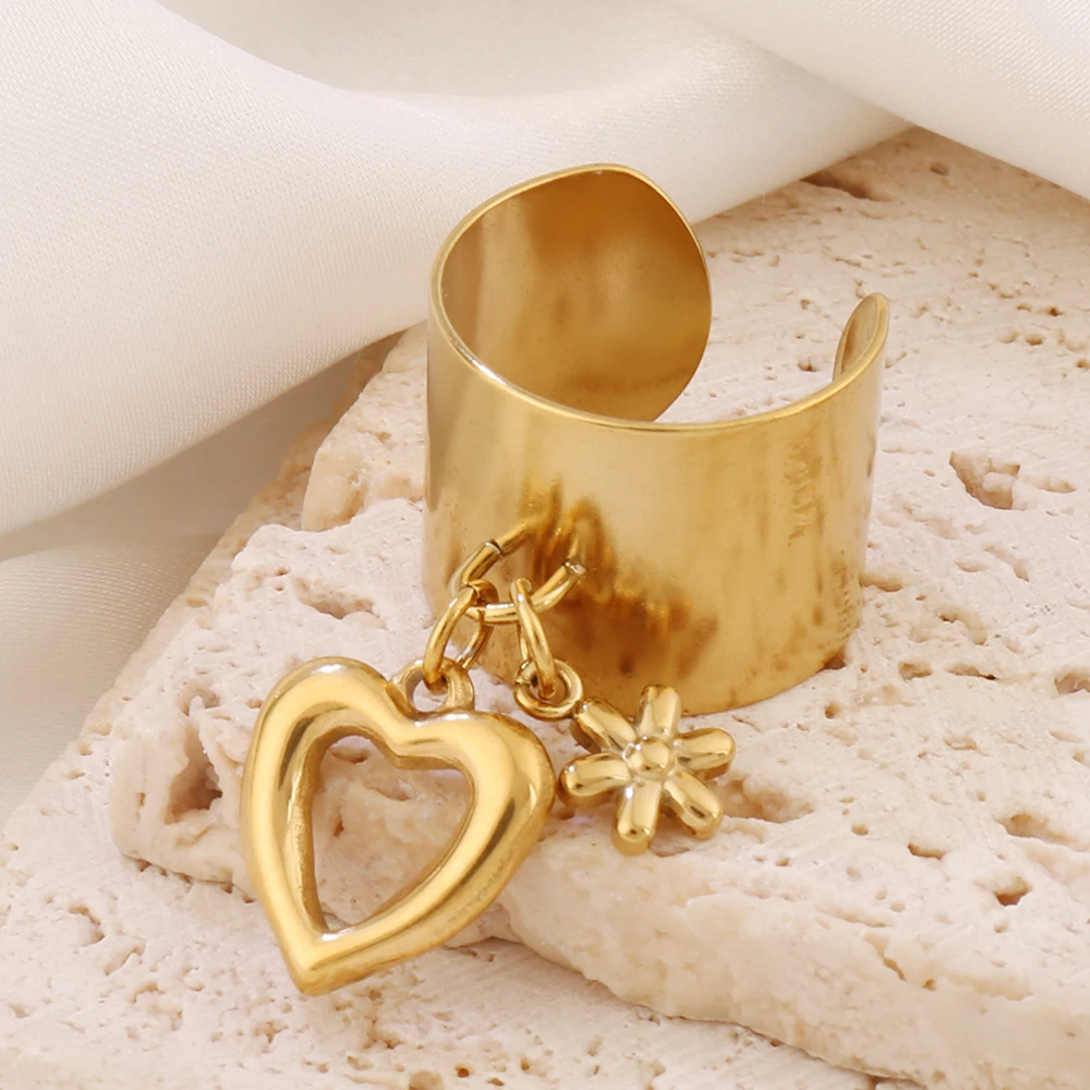 316L Stainless Steel Heart Pendant Open Rings For Women Fashion Design Flower Sun Charms Wide Ring Jewelry Gift